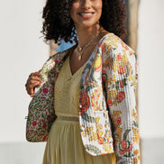 Yumi White Boho Print Cotton Reversible Quilted Jacket