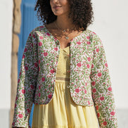 Yumi White Boho Print Cotton Reversible Quilted Jacket
