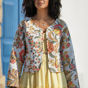 Yumi White Boho Print Cotton Reversible Quilted Jacket