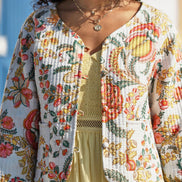Yumi White Boho Print Cotton Reversible Quilted Jacket