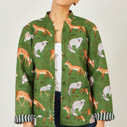 Yumi Green Fox Print Reversible Cotton Quilted Jacket