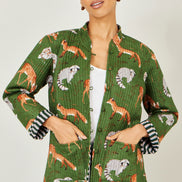 Yumi Green Fox Print Reversible Cotton Quilted Jacket