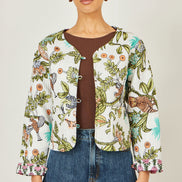 Yumi White Botanical Print Reversible Cotton Quilted Jacket