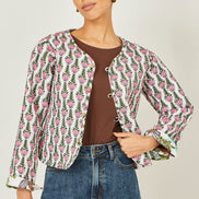 Yumi White Botanical Print Reversible Cotton Quilted Jacket