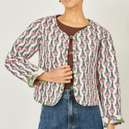 Yumi White Botanical Print Reversible Cotton Quilted Jacket