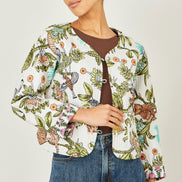 Yumi White Botanical Print Reversible Cotton Quilted Jacket