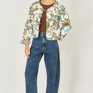 Yumi White Botanical Print Reversible Cotton Quilted Jacket