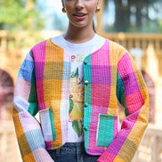 Yumi Multicolour Checked Cropped Reversible Cotton Quilted Jacket