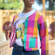 Yumi Multicolour Checked Cropped Reversible Cotton Quilted Jacket