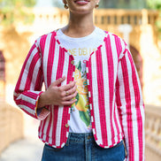 Yumi Multicolour Checked Cropped Reversible Cotton Quilted Jacket