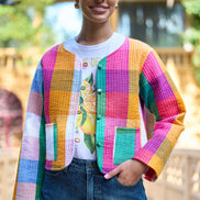 Yumi Multicolour Checked Cropped Reversible Cotton Quilted Jacket