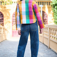 Yumi Multicolour Checked Cropped Reversible Cotton Quilted Jacket