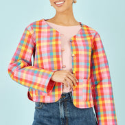 Yumi Multicolour Checked Reversible Cotton Quilted Jacket