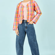 Yumi Multicolour Checked Reversible Cotton Quilted Jacket