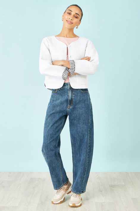 Yumi White Gingham Reversible Cotton Quilted Cropped Jacket
