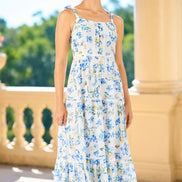 Yumi White Butterfly Print Lace Trim Maxi Dress