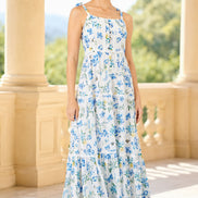 Yumi White Butterfly Print Lace Trim Maxi Dress