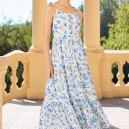Yumi White Butterfly Print Lace Trim Maxi Dress