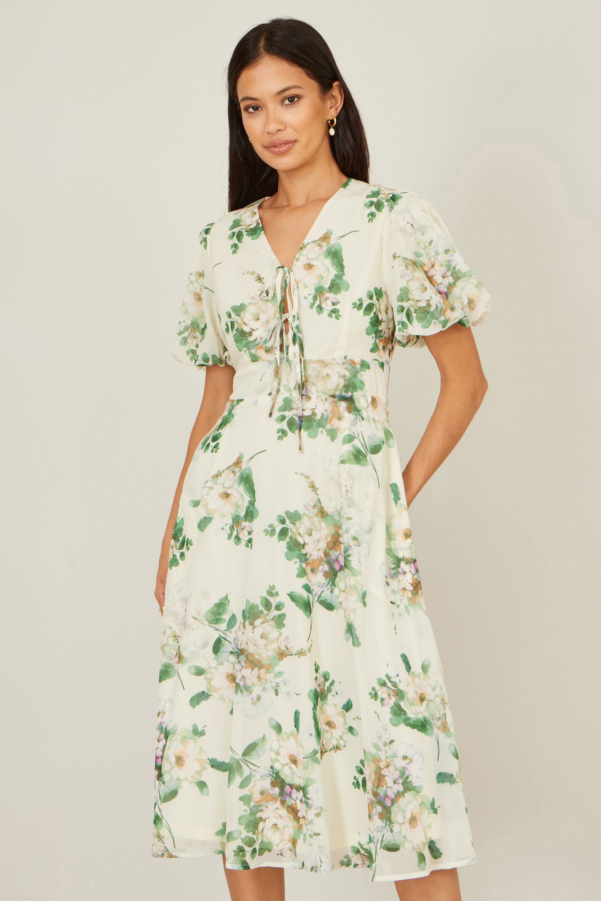 Yumi Ivory Floral Tea Dress with Front Ties