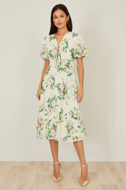 Yumi Ivory Floral Tea Dress with Front Ties