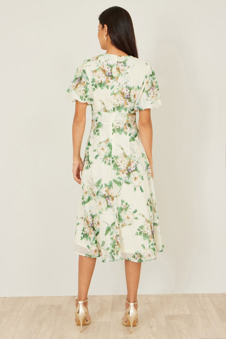 Yumi Ivory Floral Tea Dress with Front Ties