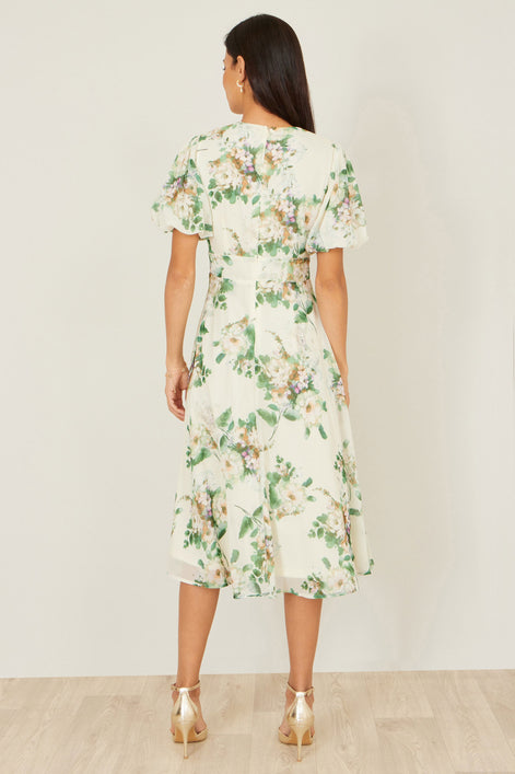 Yumi Ivory Floral Tea Dress With Front Ties