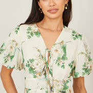 Yumi Ivory Floral Tea Dress with Front Ties