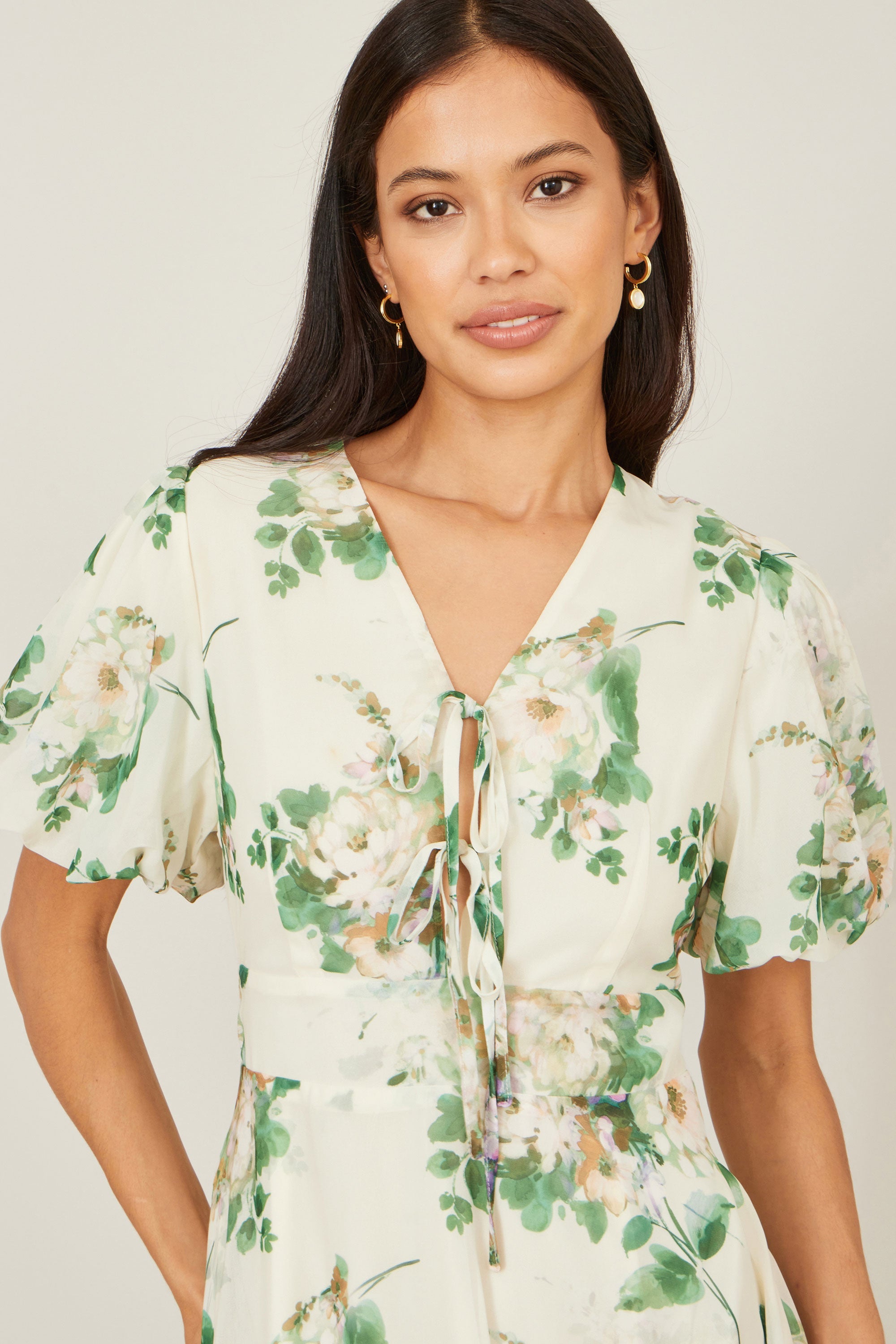 Yumi Ivory Floral Tea Dress with Front Ties