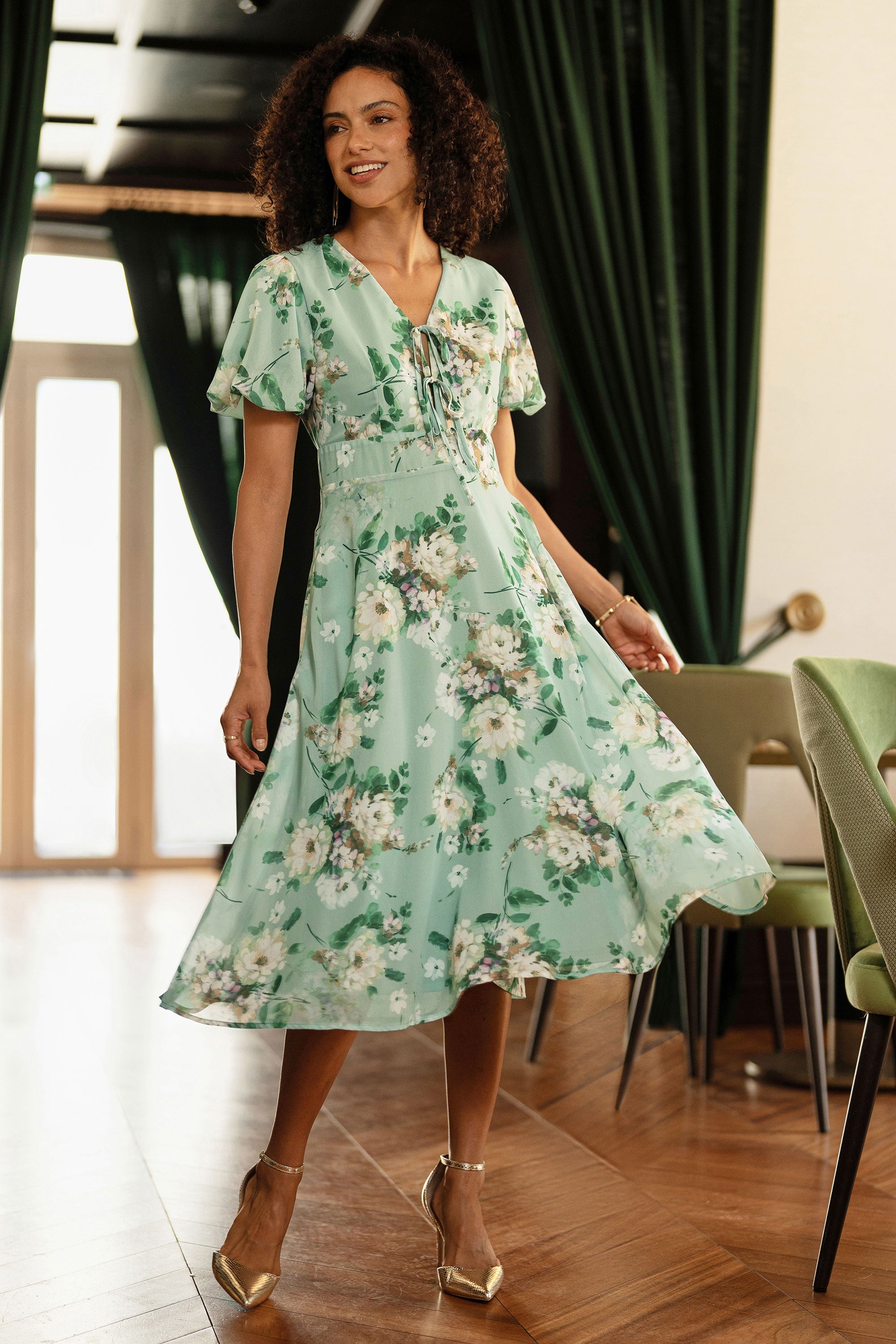 Yumi Mint Floral Tea Dress with Front Ties