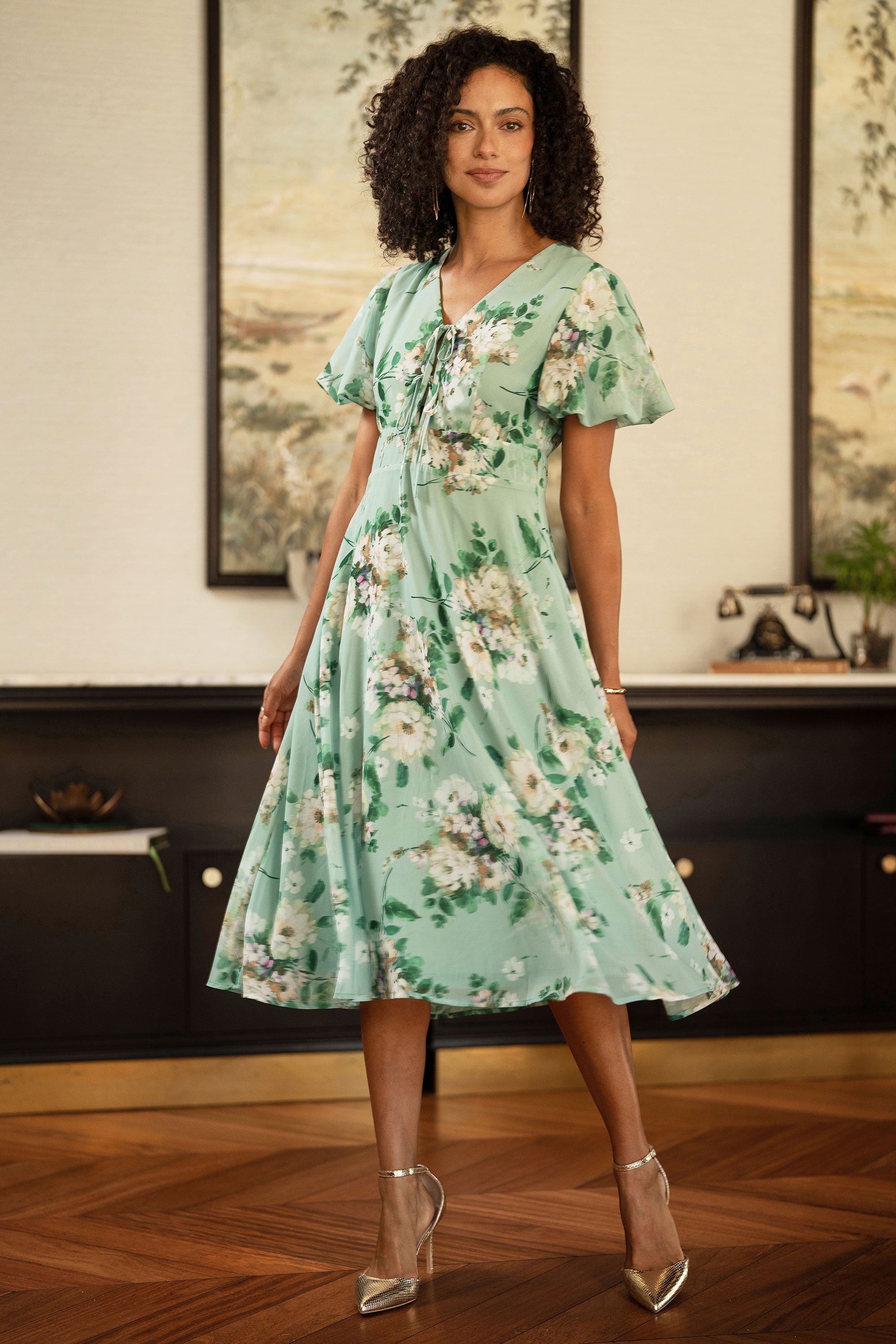 Yumi Mint Floral Tea Dress with Front Ties