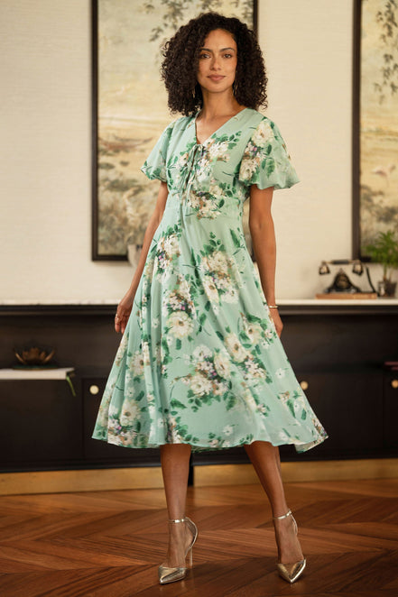 Yumi Mint Floral Tea Dress with Front Ties