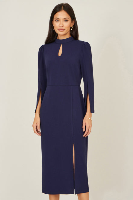 Yumi Navy Fitted Midi Dress with Flute Sleeves