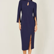 Yumi Navy Fitted Midi Dress with Flute Sleeves