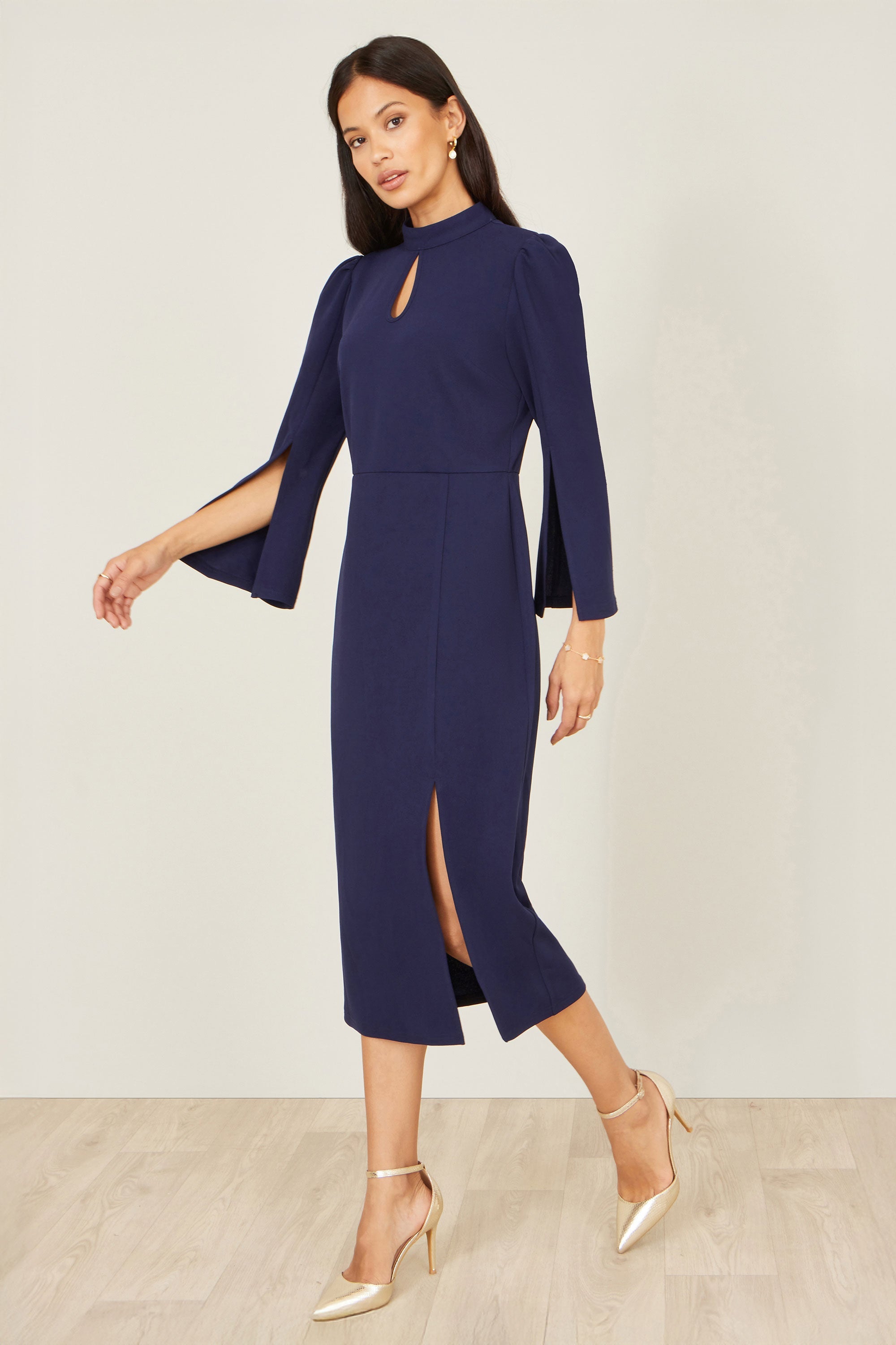 Yumi Navy Fitted Midi Dress with Flute Sleeves