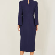 Yumi Navy Fitted Midi Dress with Flute Sleeves