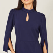 Yumi Navy Fitted Midi Dress with Flute Sleeves