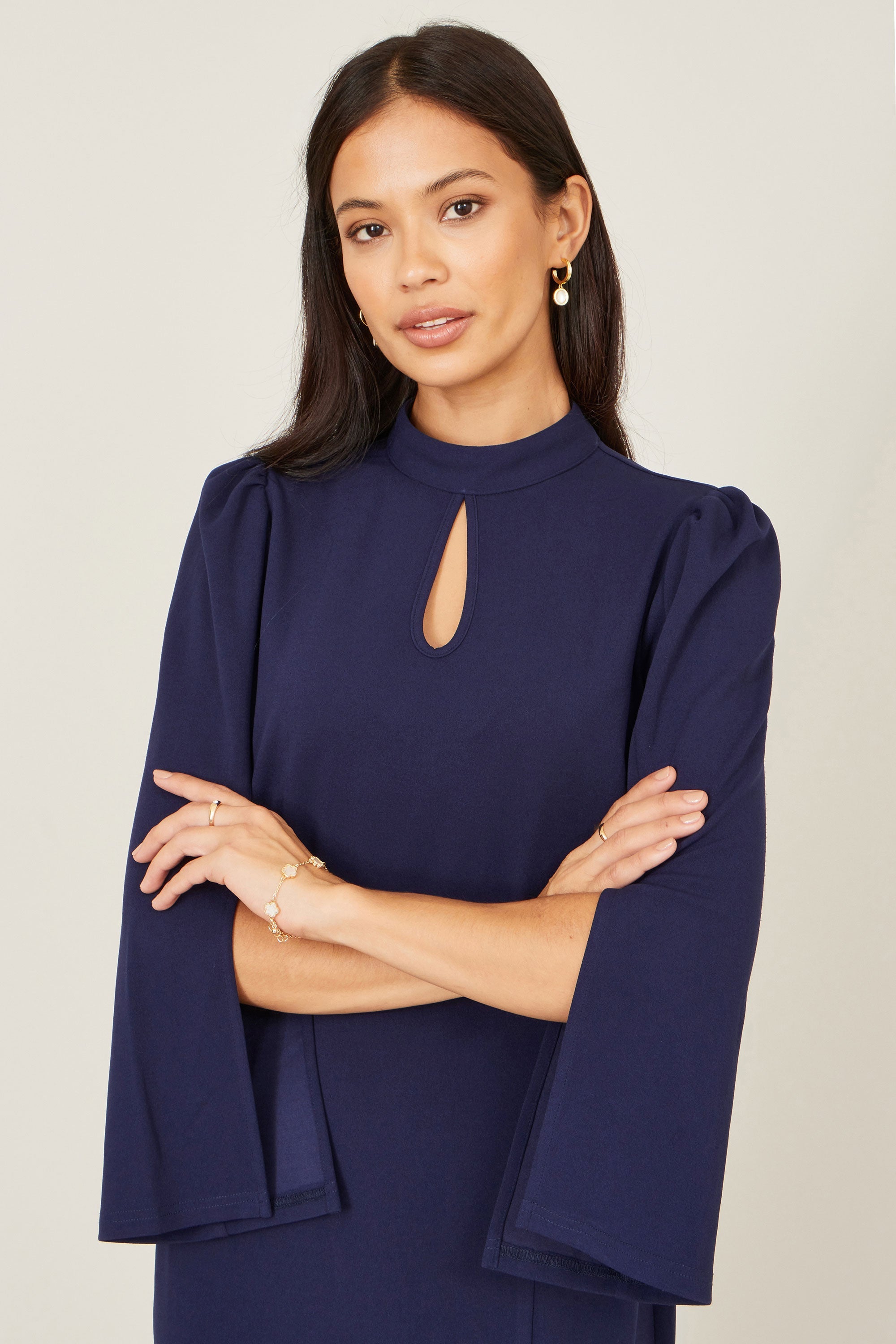 Yumi Navy Fitted Midi Dress with Flute Sleeves