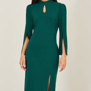 Yumi Green Fitted Midi Dress with Flute Sleeves