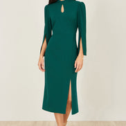 Yumi Green Fitted Midi Dress with Flute Sleeves