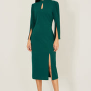 Yumi Green Fitted Midi Dress with Flute Sleeves