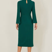 Yumi Green Fitted Midi Dress with Flute Sleeves