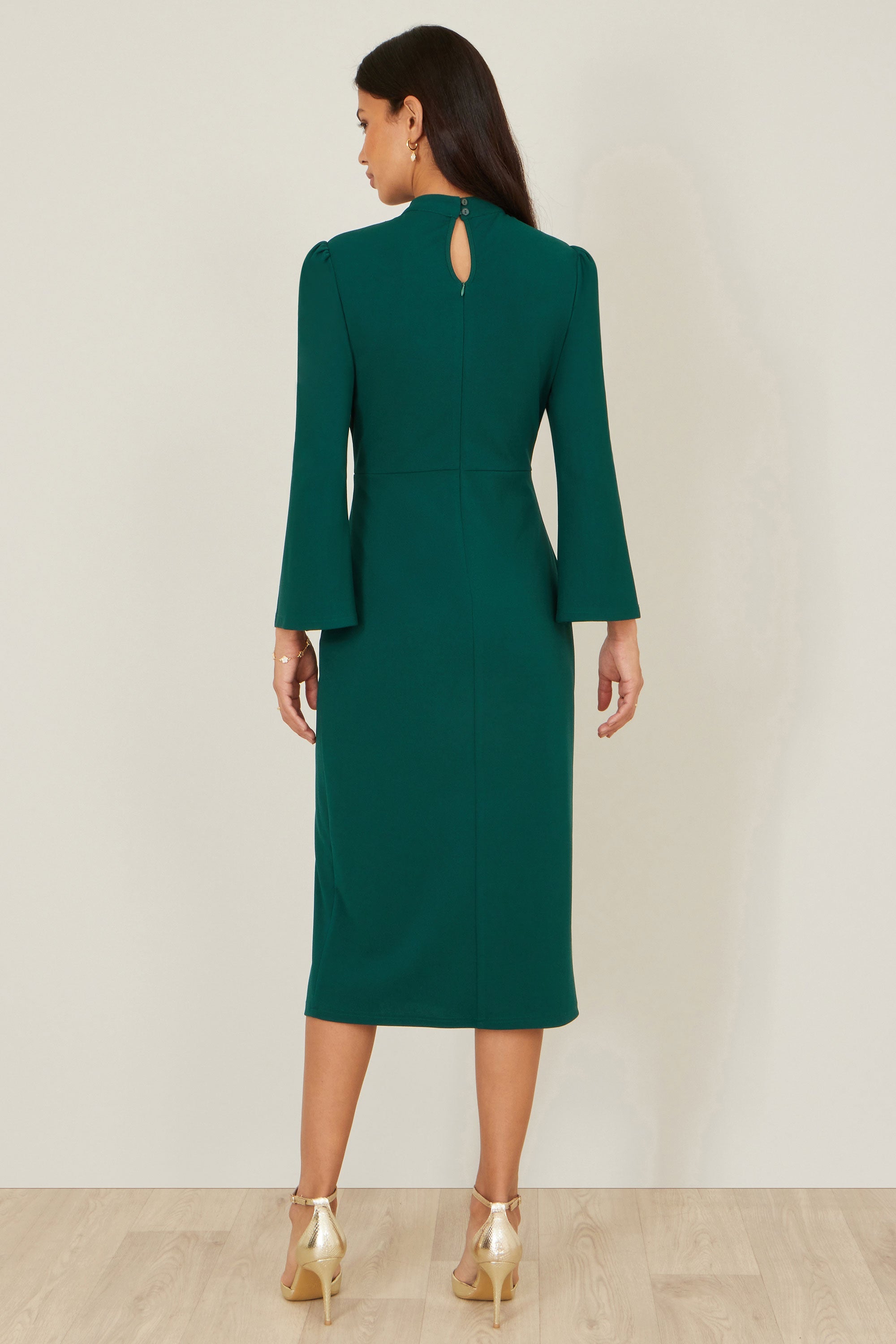 Yumi Green Fitted Midi Dress with Flute Sleeves