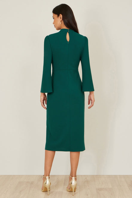 Yumi Green Fitted Midi Dress with Flute Sleeves