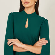 Yumi Green Fitted Midi Dress with Flute Sleeves