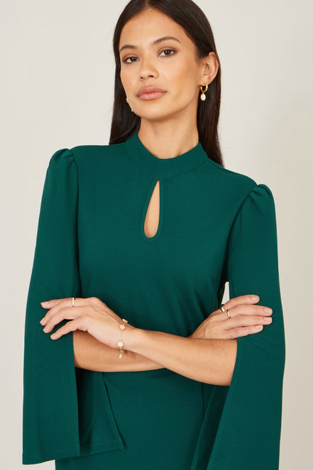 Yumi Green Fitted Midi Dress with Flute Sleeves