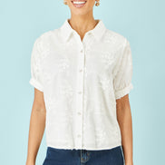 Yumi White Cotton Flower Applique Shirt
