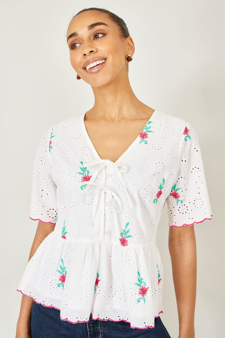 Yumi White Cotton Broderie Anglaise Embroidered Tie Top