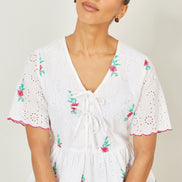Yumi White Cotton Broderie Anglaise Embroidered Tie Top