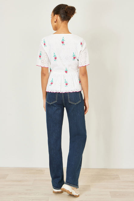 Yumi White Cotton Broderie Anglaise Embroidered Tie Top