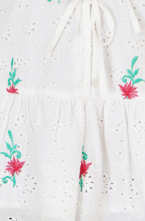 Yumi White Cotton Broderie Anglaise Embroidered Tie Top